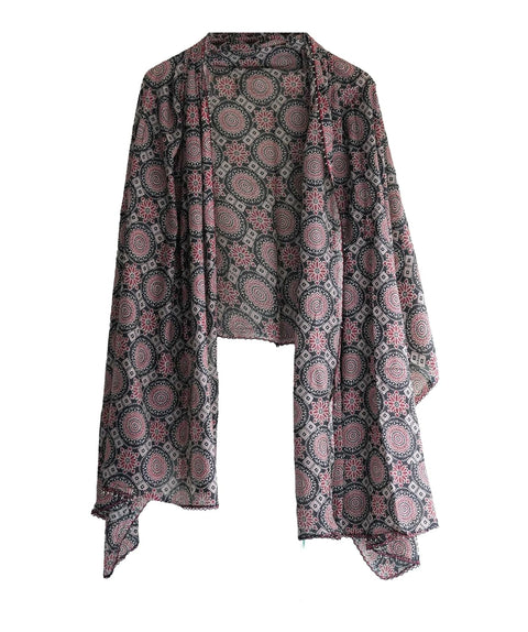 Traditional Ajrakh Print Cotton Stole, Colour 10, Mandala Pattern with Tassels