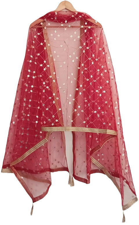 Traditional Embroidered Net Dupatta with Golden Border, Red Sequined Scarf, Diamond Pattern Dupatta, Chunni