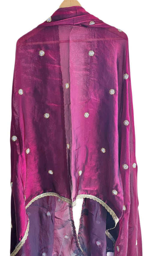 Fendi Fabric Dupatta with Bead Floral Work, Gota Lace Border