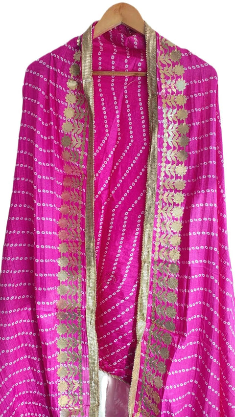 Bandhani Print Dupatta with Golden Floral Lace Border, Lightweight Ethnic Silk for Women