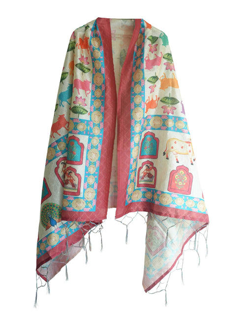 Assam Traditional Dupatta with Multicolor Multi moti Motif | Ethnic Printed Cotton Dupatta with Tassels
