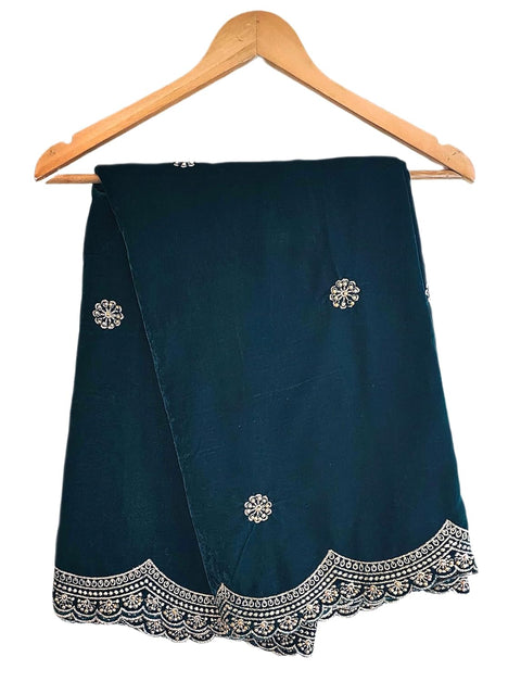 Luxury Micro-Velvet Embroidered Dupatta for Women | Heavy Scalloped Cutwork Border with Butti Work