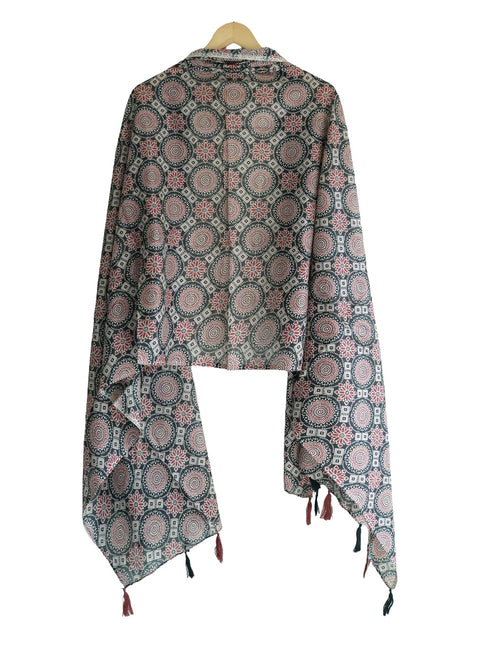 Traditional Ajrakh Print Cotton Stole, Black, Mandala Pattern with Tassels