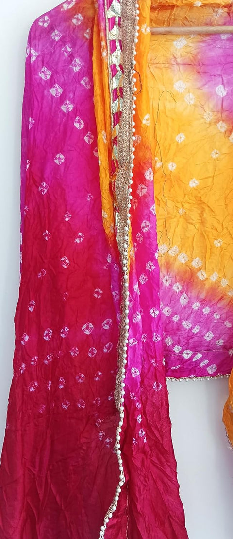 Women's Embellished Red, Pink And Yellow colour Dupatta: A Touch of Silk & Shimmer Bandhani Work Size 190X98X3