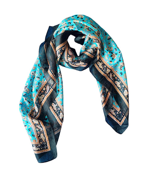 Floral Paisley Print Silk Scarf, Light Weight Square Neck Wrap, Blue and Orange Border Pattern, 100x100 cm
