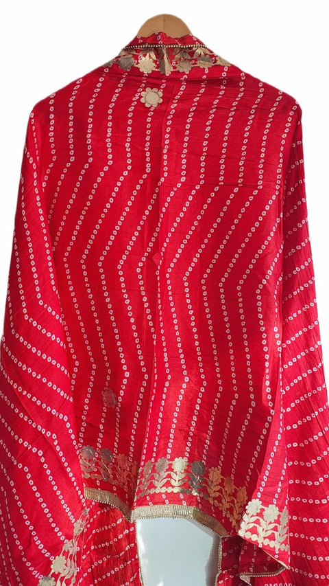 Bandhani Print Dupatta with Golden Floral Lace Border, Lightweight Ethnic Silk for Women