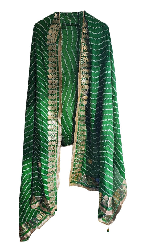 Bandhani Print Dupatta with Golden Floral Lace Border, Lightweight Ethnic Silk for Women