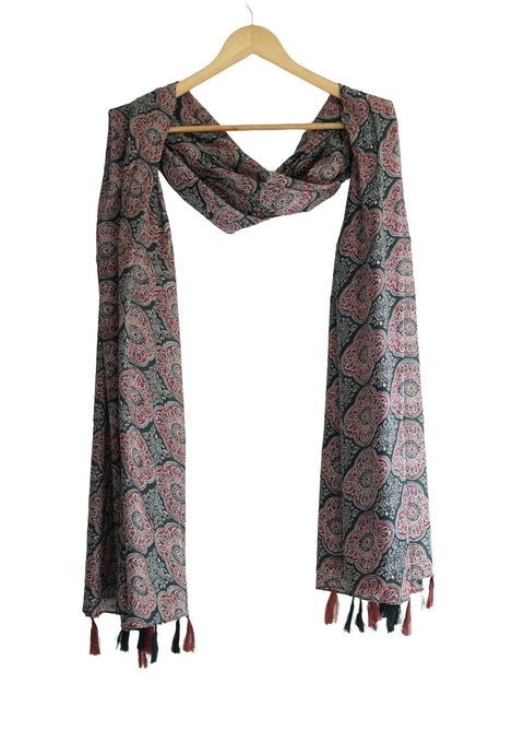 Traditional Ajrakh Print Cotton Stole, Black, Mandala Pattern with Tassels