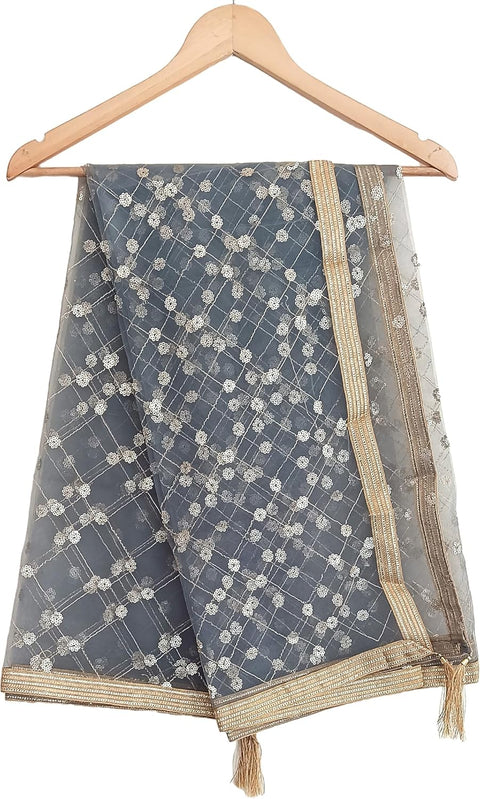 Traditional Embroidered Net Dupatta with Golden Border, Red Sequined Scarf, Diamond Pattern Dupatta, Chunni