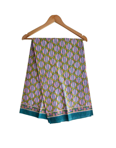 Hand Block Printed Bagru Dupatta in Pure Cotton Malmal(Pink And Green Color)