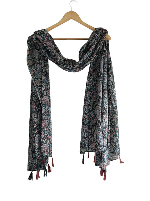 Traditional Ajrakh Print Cotton Stole, Black, Mandala Pattern with Tassels