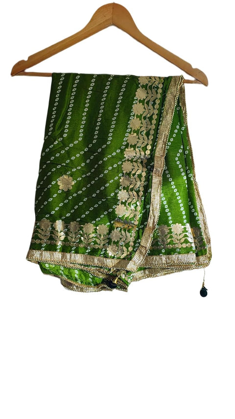 Bandhani Print Dupatta with Golden Floral Lace Border, Lightweight Ethnic Silk for Women
