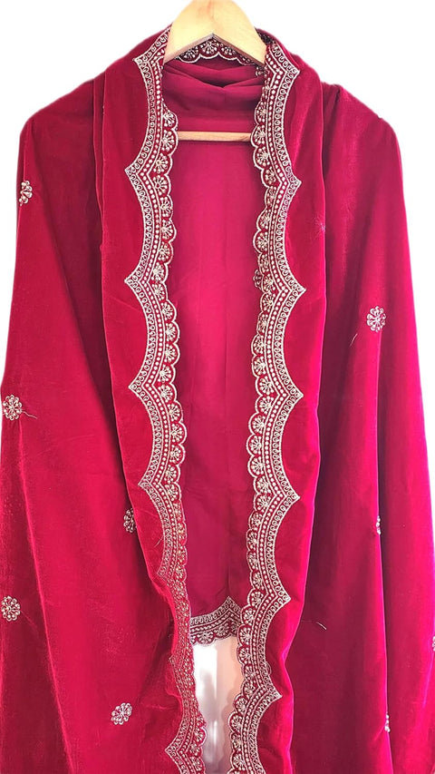Luxury Micro-Velvet Embroidered Dupatta for Women | Heavy Scalloped Cutwork Border with Butti Work