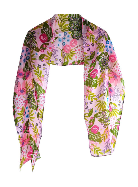 Silk Stole, Prints Multi Color, 51 cm Width x 65 cm Length, Lightweight(Pink And Green)