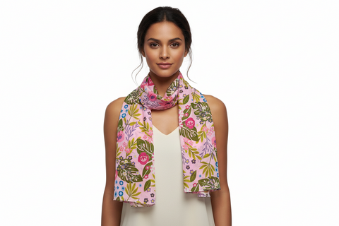 Silk Stole, Prints Multi Color, 51 cm Width x 65 cm Length, Lightweight(Pink And Green)