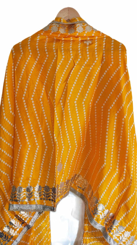 Bandhani Print Dupatta with Golden Floral Lace Border, Lightweight Ethnic Silk for Women