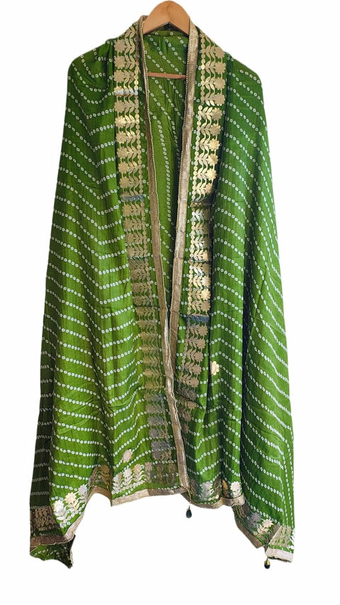 Bandhani Print Dupatta with Golden Floral Lace Border, Lightweight Ethnic Silk for Women