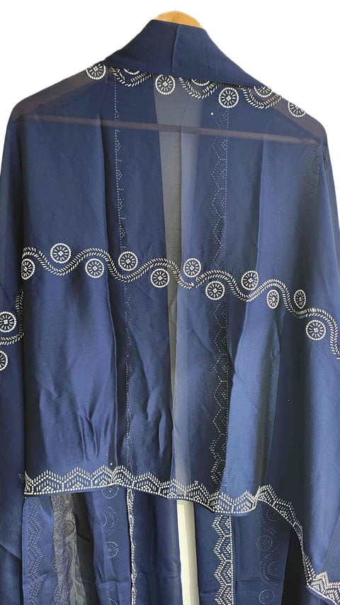 INDISA SCARVE'S FENDI Cut Beads Dupatta, Navy Blue, Embroidered Border, Lightweight Sheer Fabric, Traditional Indian Scarf