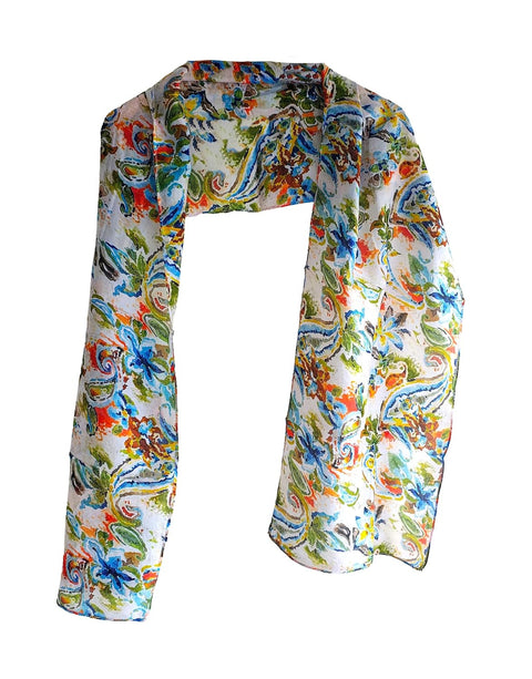 Silk Stole, Prints Multi Color, 51 cm Width x 65 cm Length, Lightweight(Blue Green And White)