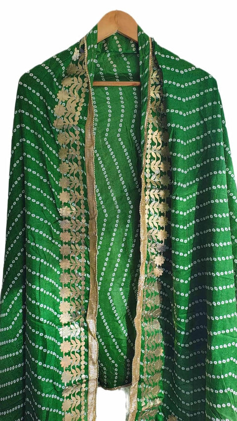 Bandhani Print Dupatta with Golden Floral Lace Border, Lightweight Ethnic Silk for Women