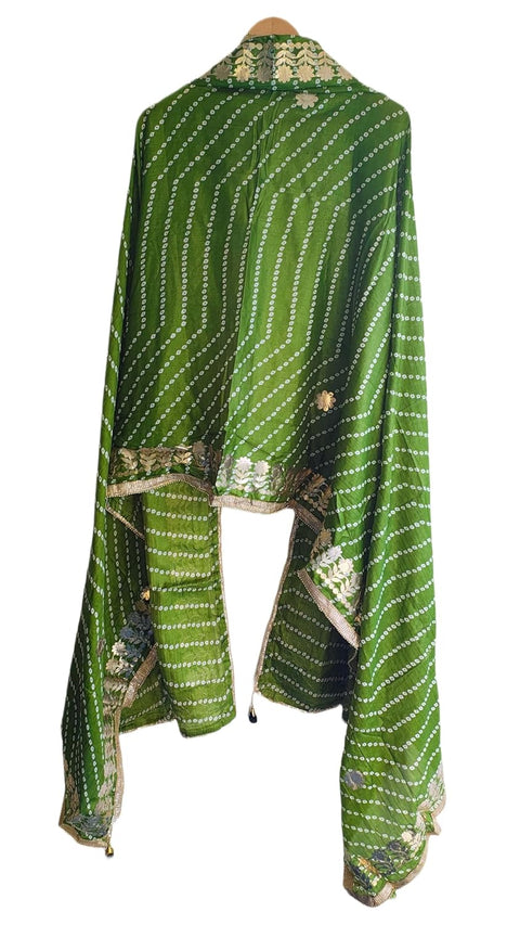 Bandhani Print Dupatta with Golden Floral Lace Border, Lightweight Ethnic Silk for Women