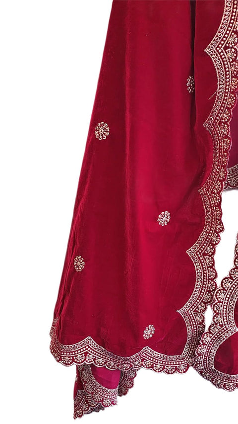 Luxury Micro-Velvet Embroidered Dupatta for Women | Heavy Scalloped Cutwork Border with Butti Work