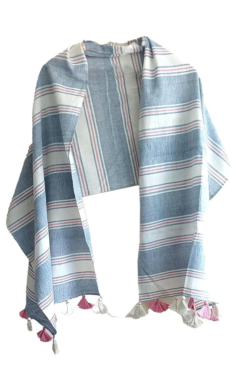 Blue Off White Pure Linen Soft Stole Size 55 X 190 Cm