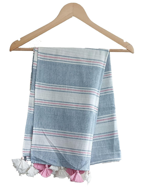 Blue Off White Pure Linen Soft Stole Size 55 X 190 Cm