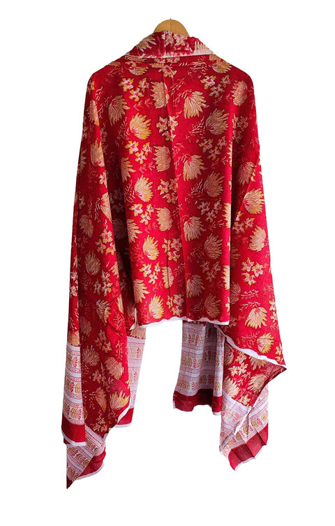 Hand Block Printed Bagru Dupatta in Pure Cotton Malmal(Red And Yellow Color)