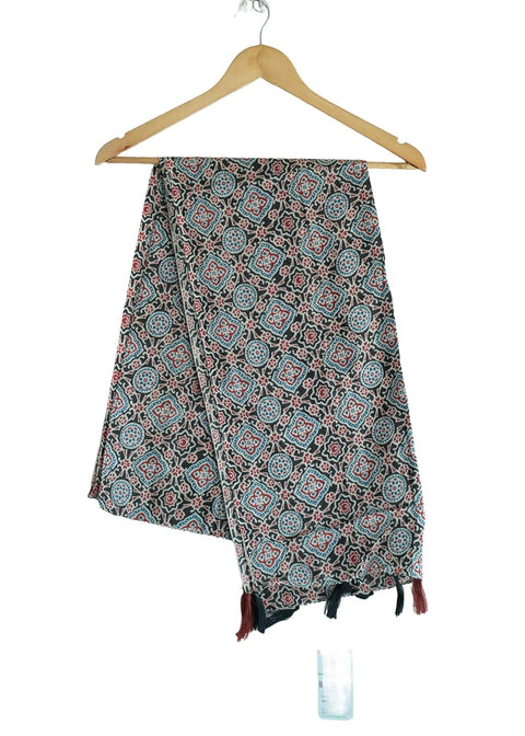 Traditional Ajrakh Print Cotton Stole, Black, Mandala Pattern with Tassels
