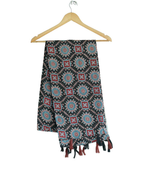 Traditional Ajrakh Print Cotton Stole, Black, Mandala Pattern with Tassels