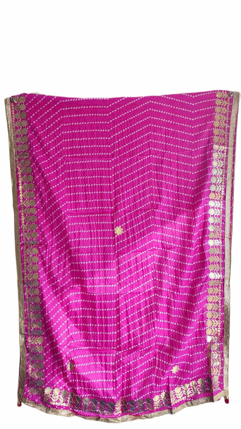 Bandhani Print Dupatta with Golden Floral Lace Border, Lightweight Ethnic Silk for Women