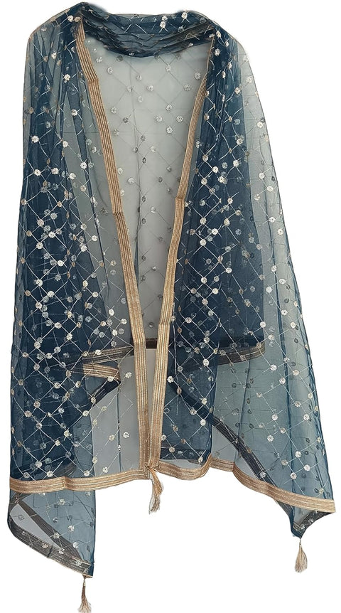 Traditional Embroidered Net Dupatta with Golden Border, Red Sequined Scarf, Diamond Pattern Dupatta, Chunni