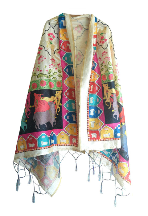Assam Traditional Dupatta with Multicolor Multi moti Motif | Ethnic Printed Cotton Dupatta with Tassels