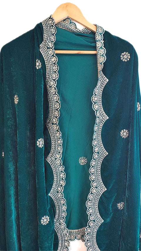 Luxury Micro-Velvet Embroidered Dupatta for Women | Heavy Scalloped Cutwork Border with Butti Work