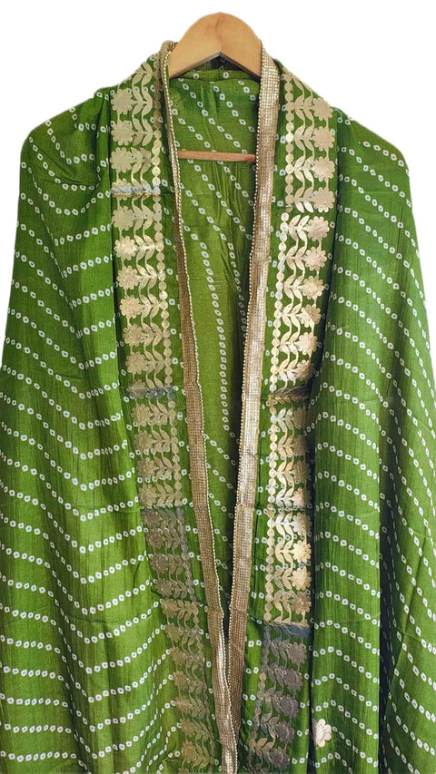 Bandhani Print Dupatta with Golden Floral Lace Border, Lightweight Ethnic Silk for Women