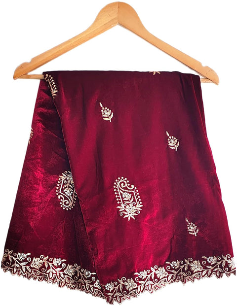 Velvet Dupatta for Women with Gold Zari Embroidery | Dupatta with Scalloped Border