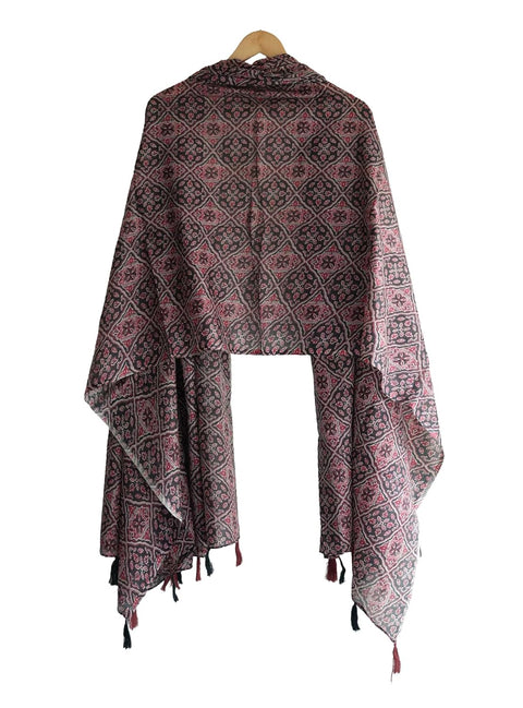 Traditional Ajrakh Print Cotton Stole, Black, Mandala Pattern with Tassels