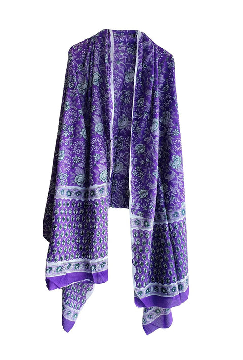 Hand Block Printed Bagru Dupatta in Pure Cotton Malmal(Purple And Green Color)