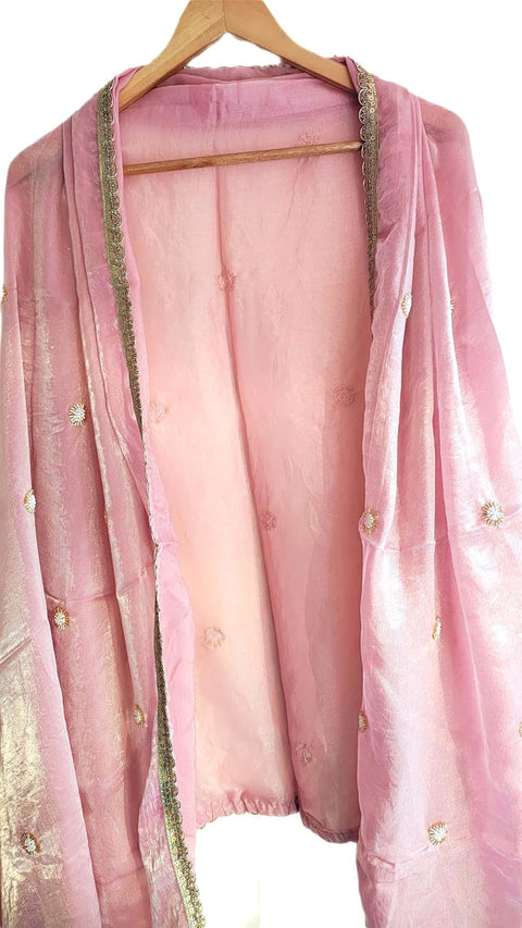 Fendi Fabric Dupatta with Bead Floral Work, Gota Lace Border