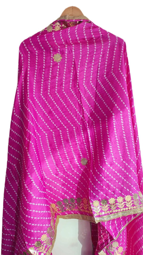 Bandhani Print Dupatta with Golden Floral Lace Border, Lightweight Ethnic Silk for Women