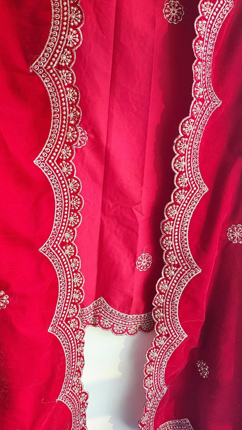 Luxury Micro-Velvet Embroidered Dupatta for Women | Heavy Scalloped Cutwork Border with Butti Work