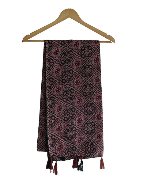 Traditional Ajrakh Print Cotton Stole, Black, Mandala Pattern with Tassels