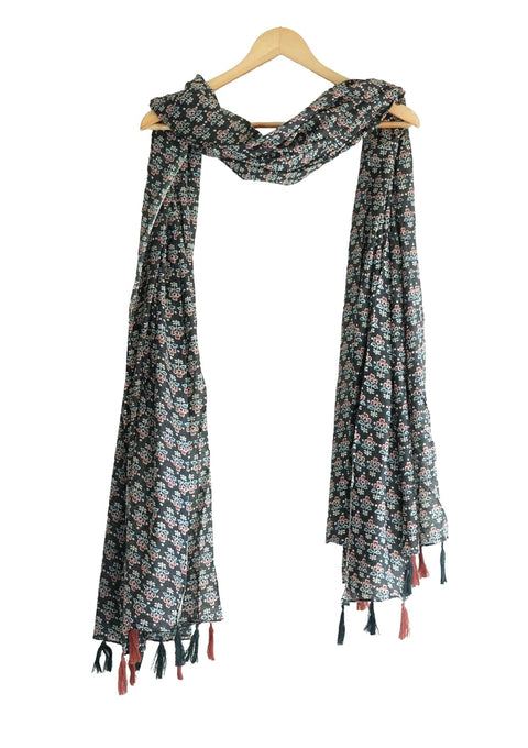 Traditional Ajrakh Print Cotton Stole, Black, Mandala Pattern with Tassels