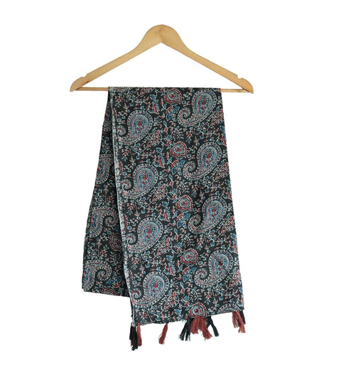 Traditional Ajrakh Print Cotton Stole, Black, Mandala Pattern with Tassels