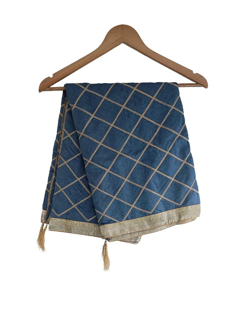 Indis Scarves Silk Embroidery Dupatta with Gold Grid Pattern, Traditional Ethnic Shawl Wrap with Tassel Detail
