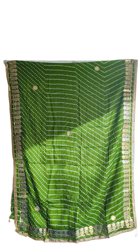 Bandhani Print Dupatta with Golden Floral Lace Border, Lightweight Ethnic Silk for Women