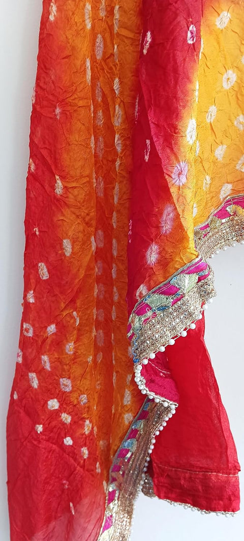 Women's Embellished Yellow And Red colour Dupatta: A Touch of Silk & Shimmer Bandhani Work Size 190X98X3