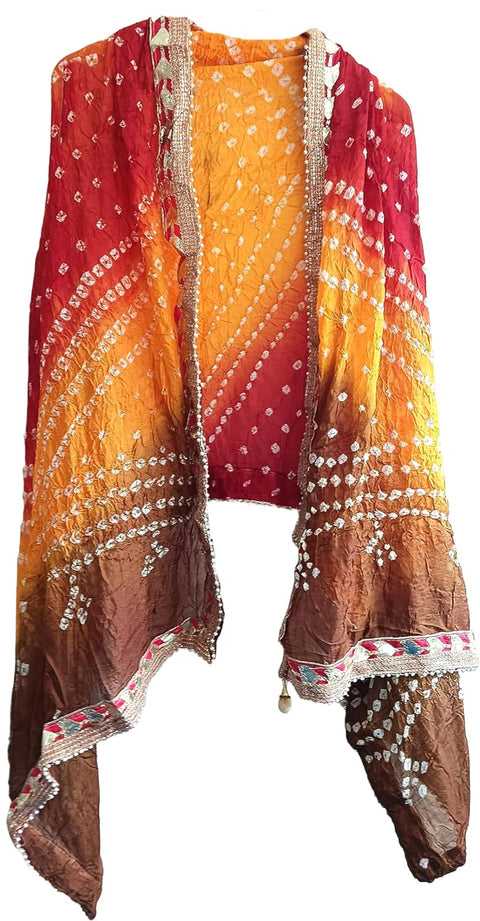 Women's Embellished Pink,Brown And Yellow colour Dupatta: A Touch of Silk & Shimmer Bandhani Work Size 190X98X3