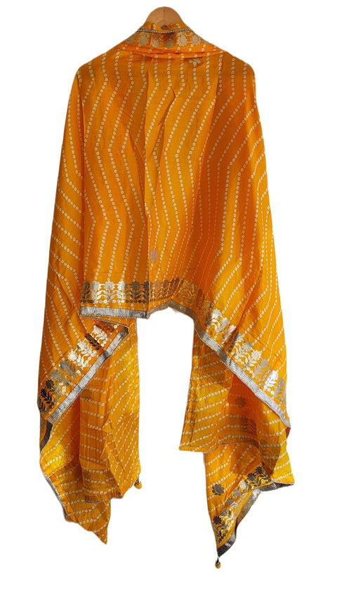 Bandhani Print Dupatta with Golden Floral Lace Border, Lightweight Ethnic Silk for Women
